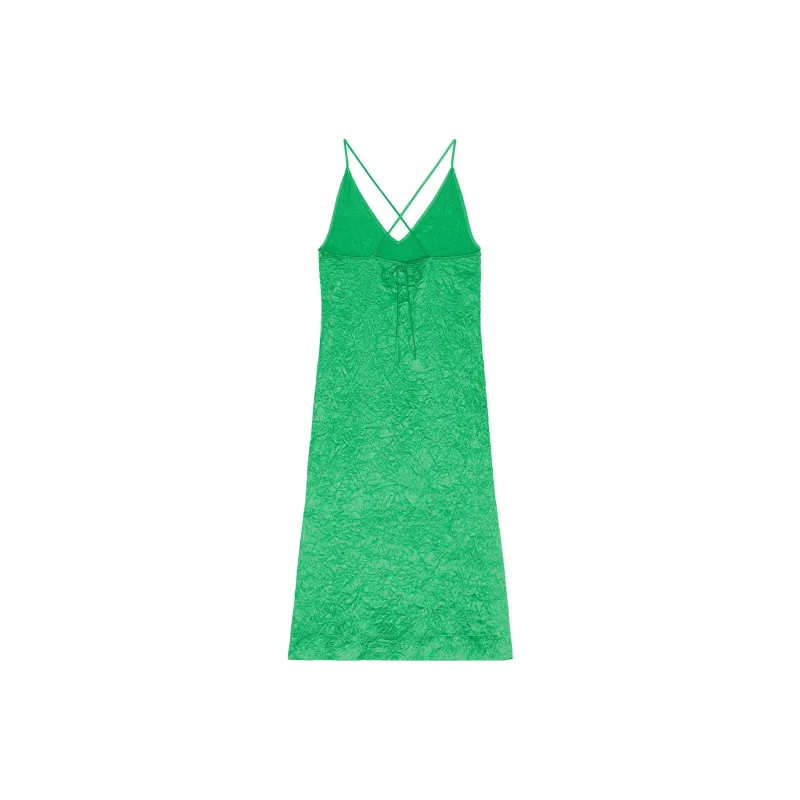 GANNI Crinkled Satin Slip Dress 'Green'-1