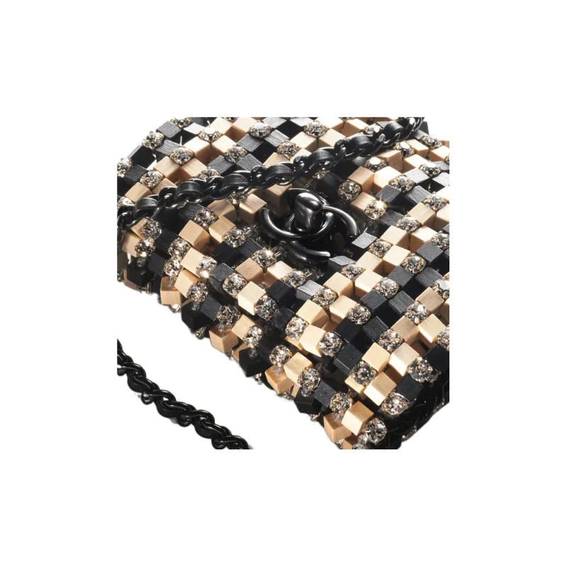 CHANEL Wooden Rhinestone Puzzle Shoulder Bag, Crossbody Bag Mini Women's Black/Beige-2