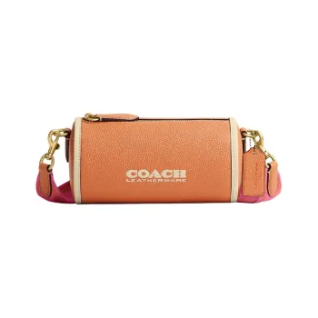 COACH Barrel Pebbled Leather Cylinder Bag, Shoulder Bag, Crossbody Bag Large Size Women's Orange