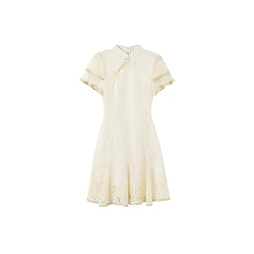 HUULOB Short-Sleeved Dresses Women's Apricot