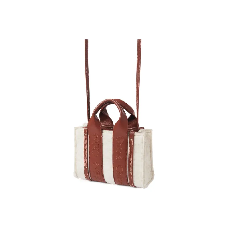 Chloe Woody Calfskin Tote Bag Shopping Bag Shoulder Bag Crossbody Bag Handbag Mini Women's Beige/Brown-3