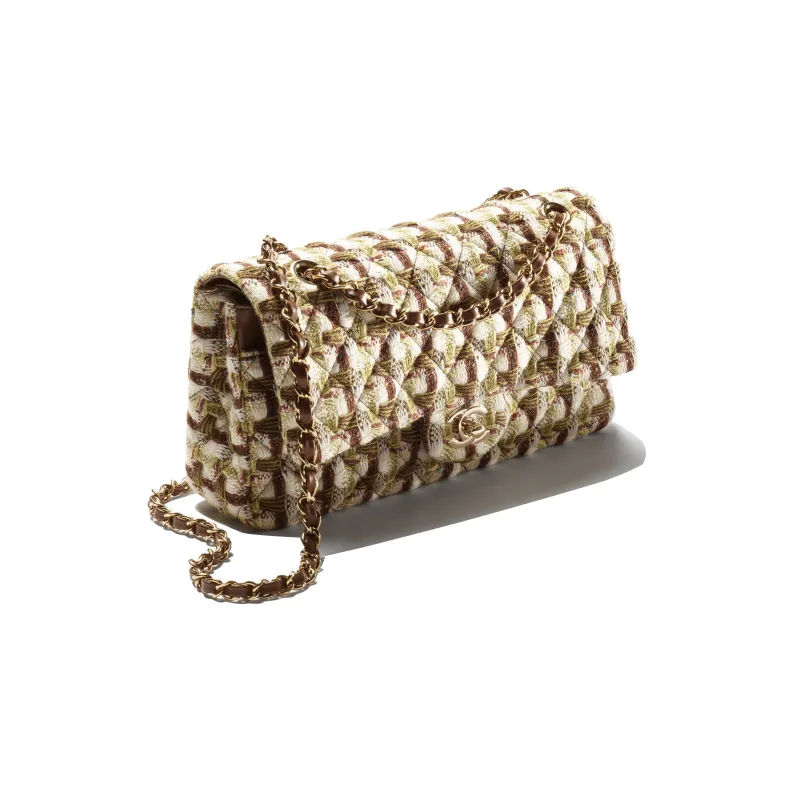 CHANEL Classic Flap CF Wool Twill Soft Woolen Shoulder Bag, Crossbody Bag Women's Ivory & Khaki & Brown-1