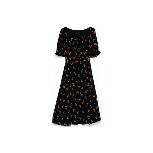 LOKUINTUS Short-Sleeved Dresses Women's Black Background With Red Flowers