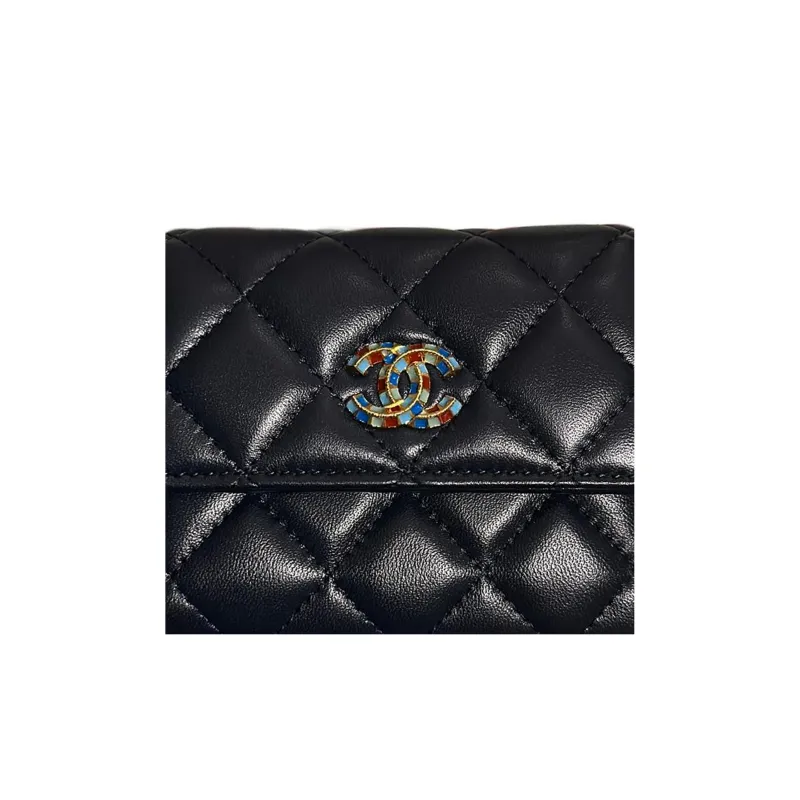 CHANEL Cow Leather Card Holder Wallet Women's Navy Blue-3