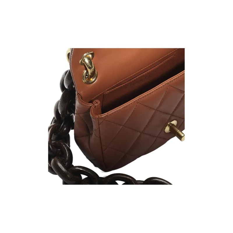 CHANEL Lambskin With Wenge Wood Shoulder Bag, Crossbody Bag Mini Women's Light Brown-2