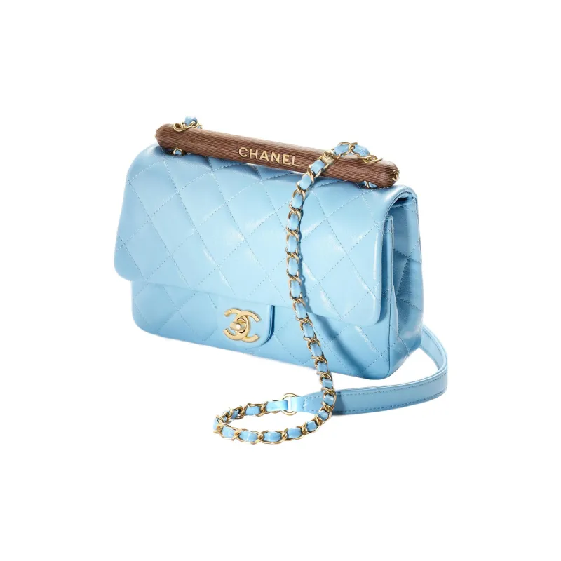 CHANEL Lambskin With Wooden Inlay Flap Bag, Crossbody Bag, Shoulder Bag Women's Blue-1