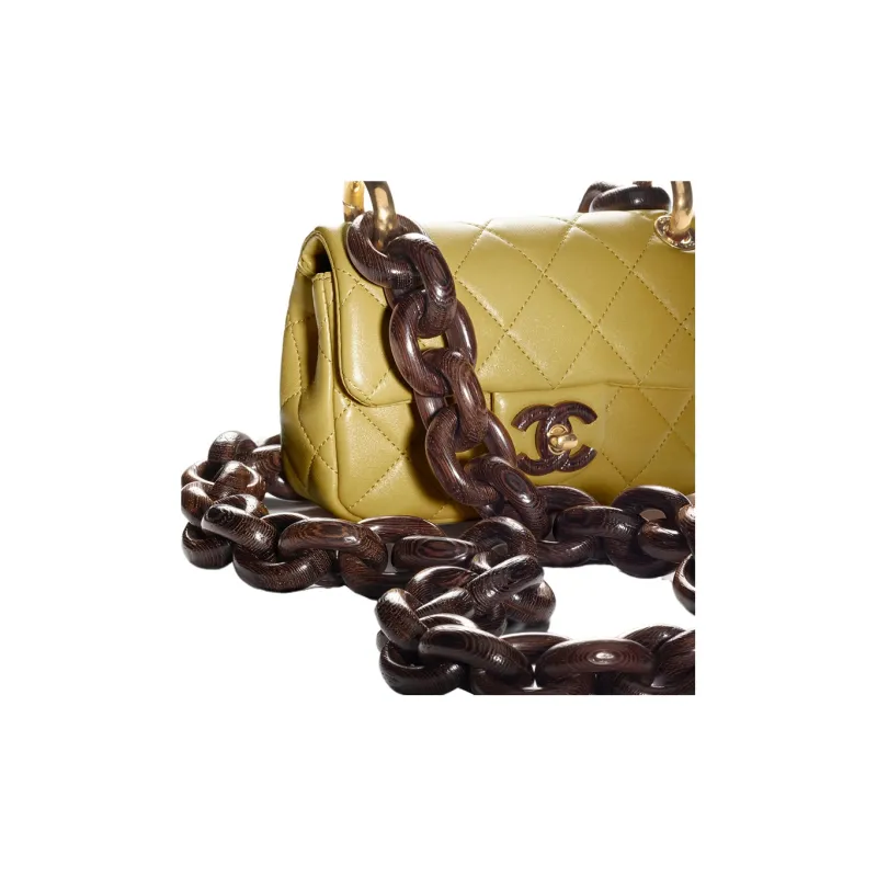 CHANEL Lambskin With Wenge Wood Flap Bag, Shoulder Bag, Crossbody Bag Mini Women's Green-2