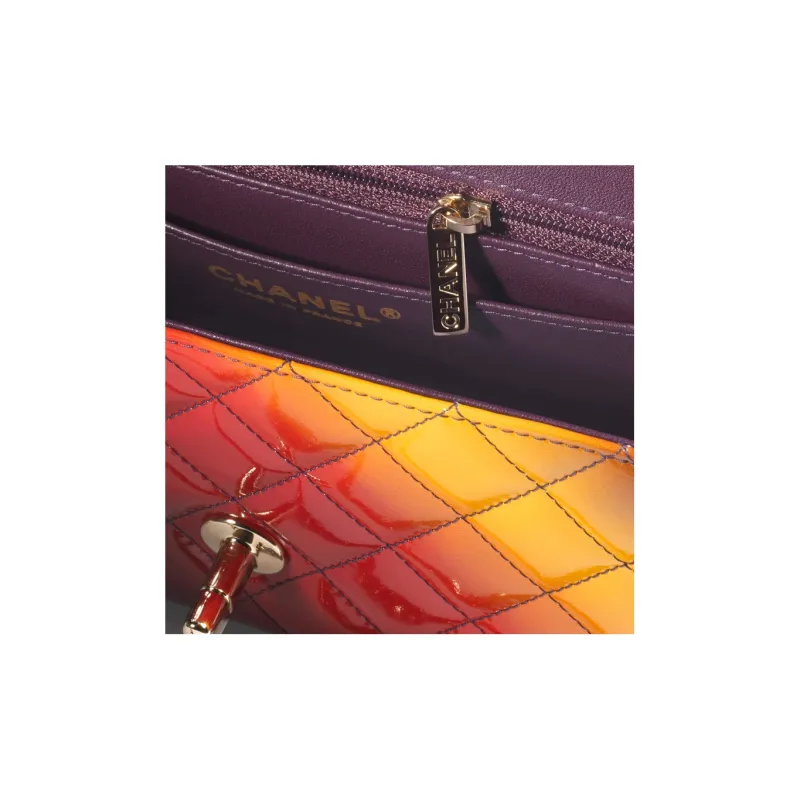 CHANEL Calf Patent Leather Flap Bag, Shoulder Bag, Crossbody Bag Women's Red/Yellow/Dark Purple-3