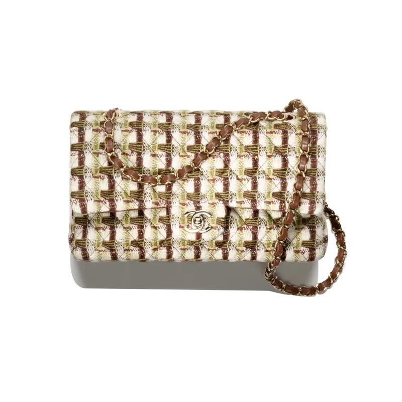 CHANEL Classic Flap CF Wool Twill Soft Woolen Shoulder Bag, Crossbody Bag Women's Ivory & Khaki & Brown-0