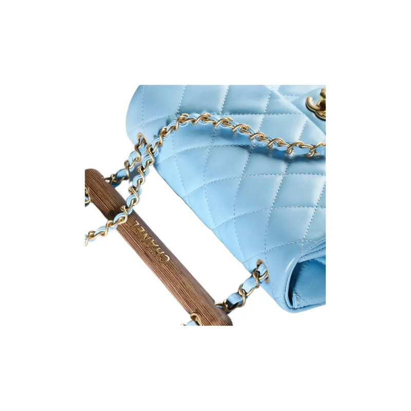 CHANEL Lambskin With Wooden Inlay Flap Bag, Crossbody Bag, Shoulder Bag Women's Blue-2