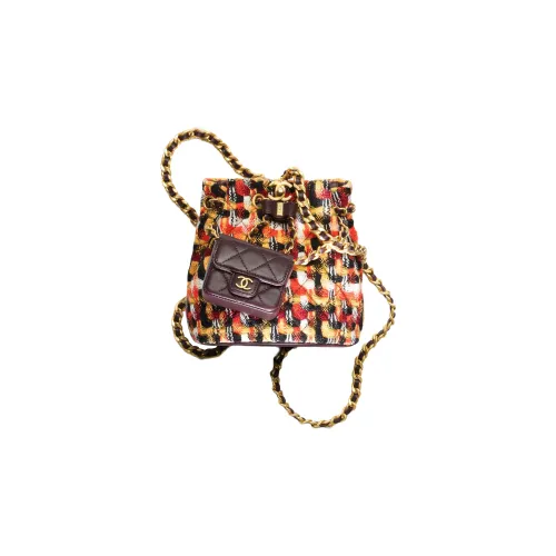 CHANEL Wool Twill Velvet Combo Backpack Small Size Women's Dark Purple/Orange/Multicolor