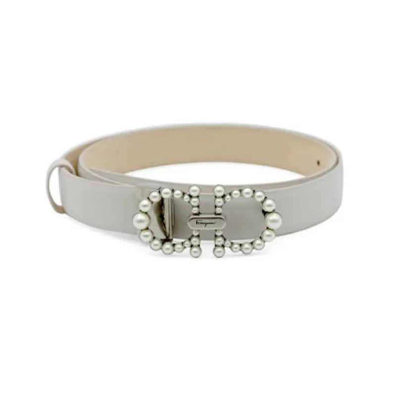 FERRAGAMO Pearl Inlay Logo Smooth Buckle Cow Leather Belts Women's White Width 2.5cm-0