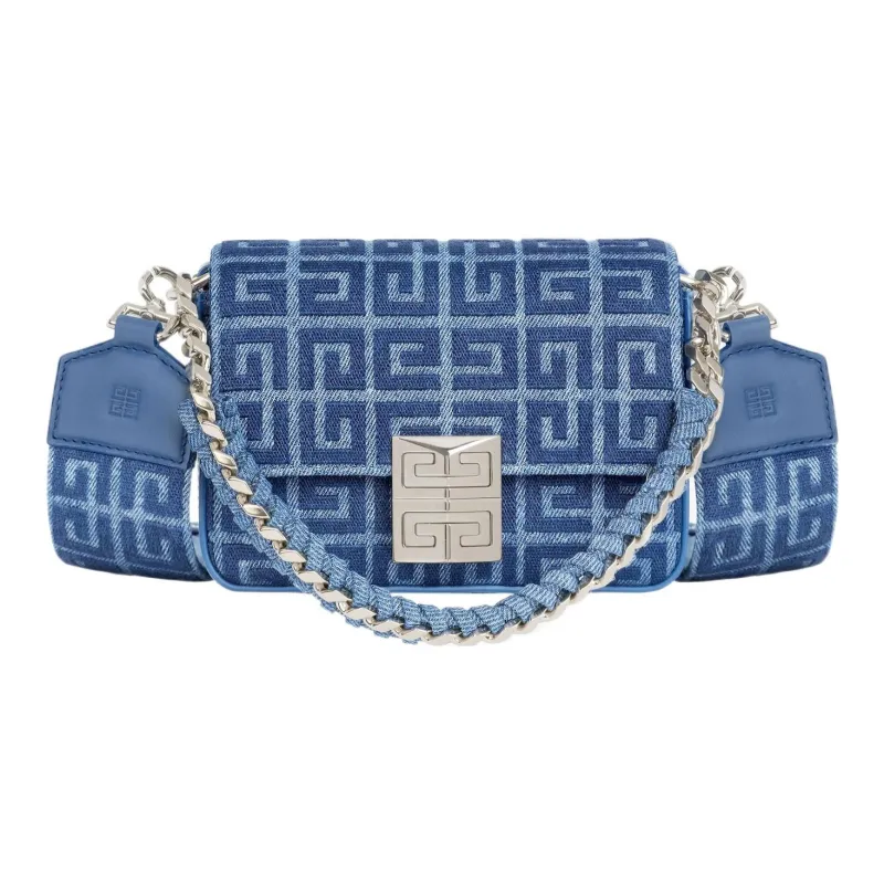 GIVENCHY 4G Denim Cotton Cow Leather Patchwork Shoulder Bag Crossbody Bag Small Size Women's Medium Blue-0