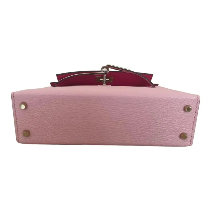 HERMES Mini Kelly Goatskin One Shoulder Handbags Mini Women's Cherry Blossom Pink With Rose Red Accents-3
