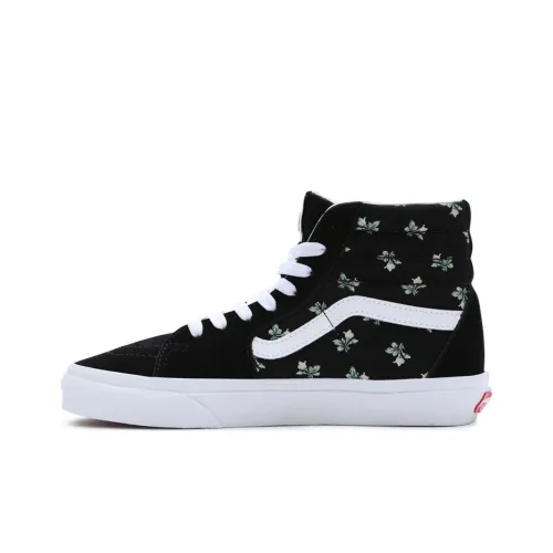 Vans Sk8 Hi Floral Anti Slip Wear Resistant High Top Skateboard Shoes Unisex Black White