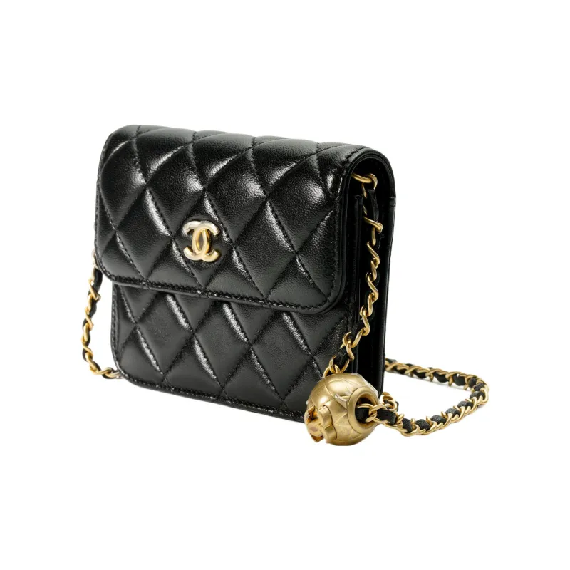 CHANEL Little Golden Ball Sheepskin Coin Purse, Fanny Pack, Shoulder Bag, Crossbody Bag Women's Black-2