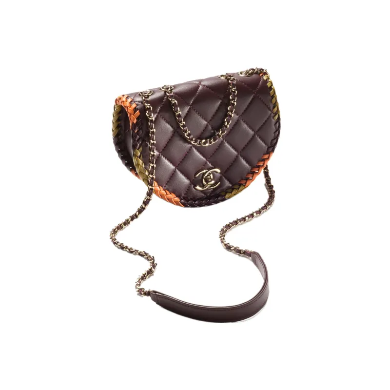 CHANEL Lambskin Messenger Bag, Crossbody Bag, Shoulder Bag Women's Dark Purple & Khaki & Orange-1