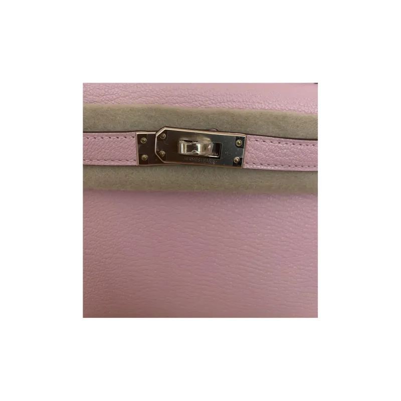 HERMES Mini Kelly Goatskin One Shoulder Handbags Mini Women's Cherry Blossom Pink With Rose Red Accents-4