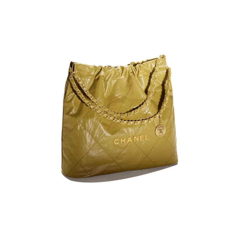 CHANEL 22Bag Wrinkled Cow Leather Bucket Bag, Handbag, Shoulder Bag Medium Size Women's Khaki Green-1