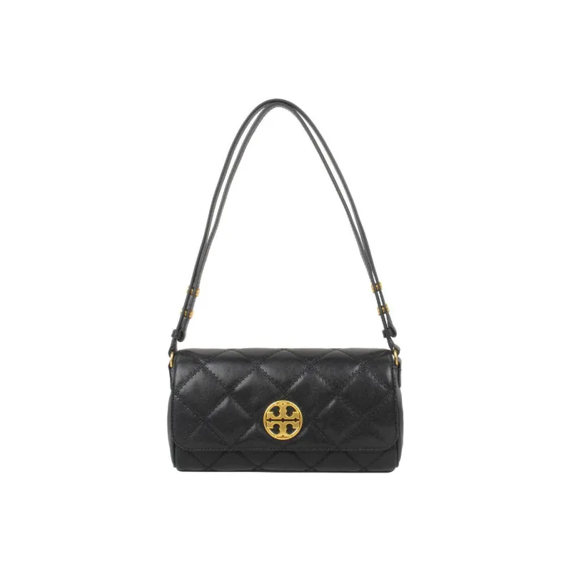 TORY BURCH TB Willa Leather Caviar Bag, Baguette Bag, Crossbody Bag, Shoulder Bag Trumpets Women's Black-0