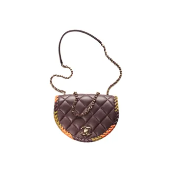 CHANEL Lambskin Messenger Bag, Crossbody Bag, Shoulder Bag Women's Dark Purple & Khaki & Orange