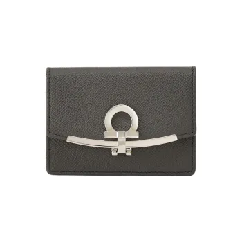 FERRAGAMO GANCINI Cow Leather Business Card Holder Card Case Women's Dark Gray