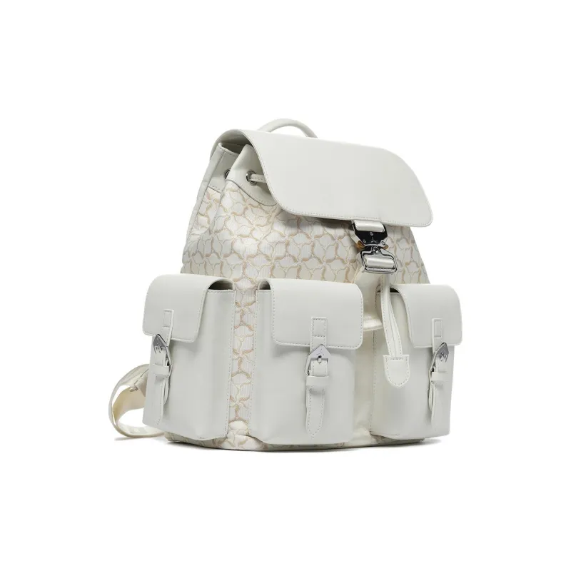 LI NING 1990 Synthetic Leather, Textile Mosaic Backpack Regular Unisex Ivory-1