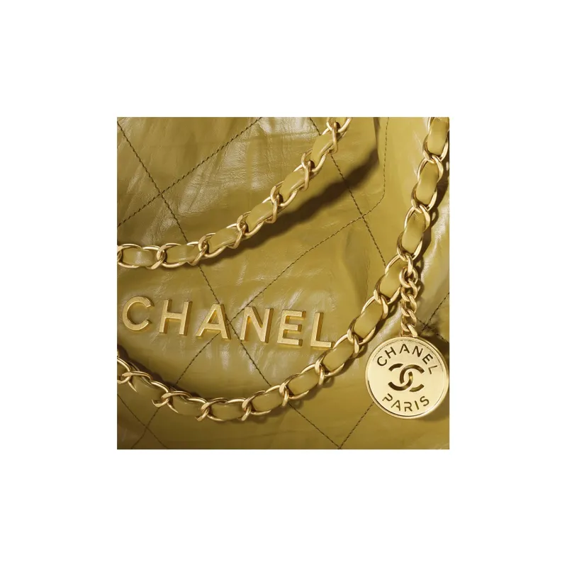 CHANEL 22Bag Wrinkled Cow Leather Bucket Bag, Handbag, Shoulder Bag Medium Size Women's Khaki Green-3
