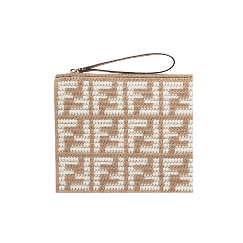 FENDI Cow Leather With Cashmere Clutch Large Size Women's Brown-4