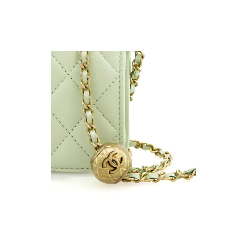 CHANEL Little Golden Ball Lambskin Shoulder Bag, Crossbody Bag Women's Light Green-4