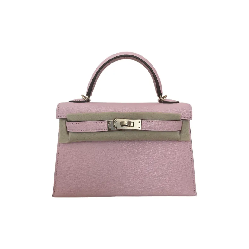 HERMES Mini Kelly Goatskin One Shoulder Handbags Mini Women's Cherry Blossom Pink With Rose Red Accents-0