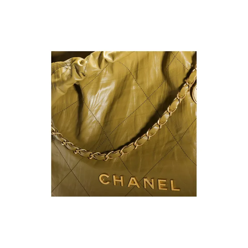 CHANEL 22Bag Wrinkled Cow Leather Bucket Bag, Handbag, Shoulder Bag Medium Size Women's Khaki Green-2