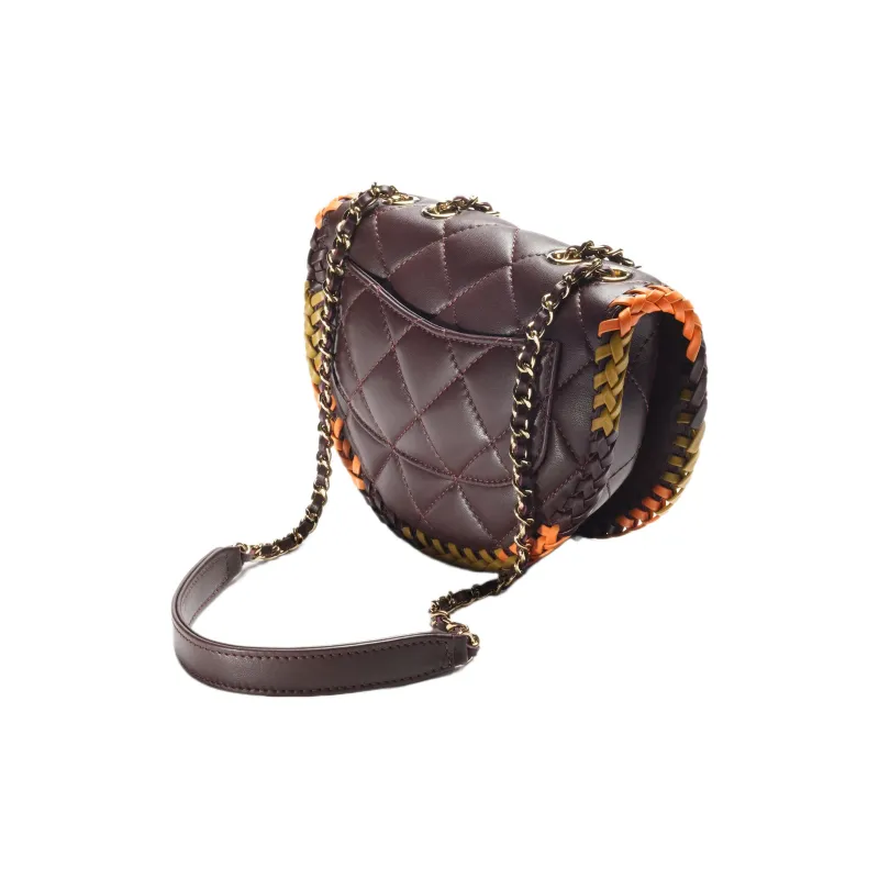 CHANEL Lambskin Messenger Bag, Crossbody Bag, Shoulder Bag Women's Dark Purple & Khaki & Orange-2