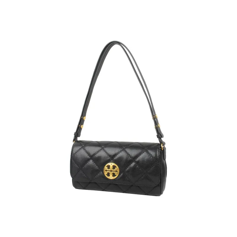 TORY BURCH TB Willa Leather Caviar Bag, Baguette Bag, Crossbody Bag, Shoulder Bag Trumpets Women's Black-1