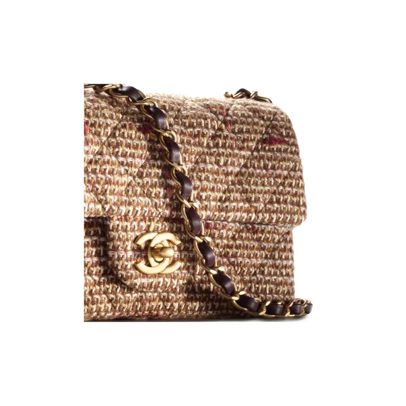 CHANEL Classic Flap CF Cotton Wool Twill Velvet Mouth Cover Bag Crossbody Bag Mini Women's Brown/Multicolor-2