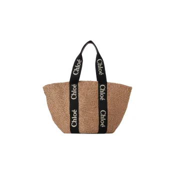 Chloe Woody Paper One Shoulder Handbags Large Size Women's Black/Beige