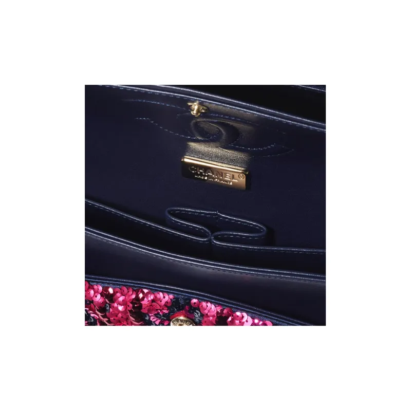 CHANEL Classic Flap CF21K Winter Embroidered Satin Shiny Shoulder Bag Crossbody Bag Handbag Women's Pink Navy-2