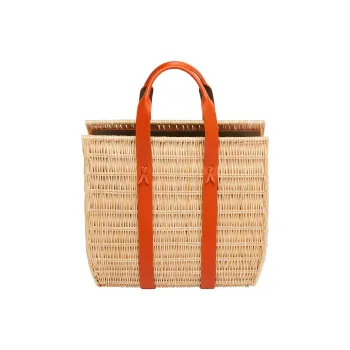 HERMES Calfskin Wicker Tote Bag Shopping Bag Handbag Large Size Women's Natural/Orange