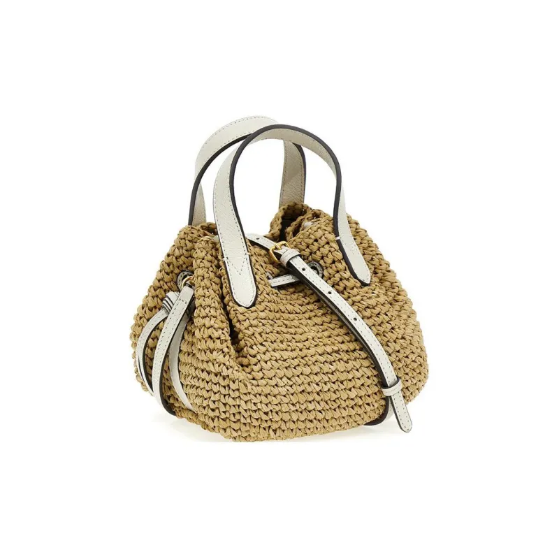 Anya Hindmarch Straw Patchwork Sheepskin Leather Crossbody One Shoulder Handbags Women's Light Brown-2