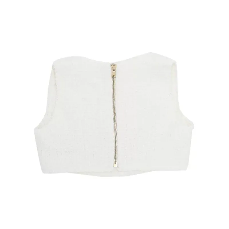 BALMAIN Cropped Buttoned Tweed Strap Top 'Blanc'-1