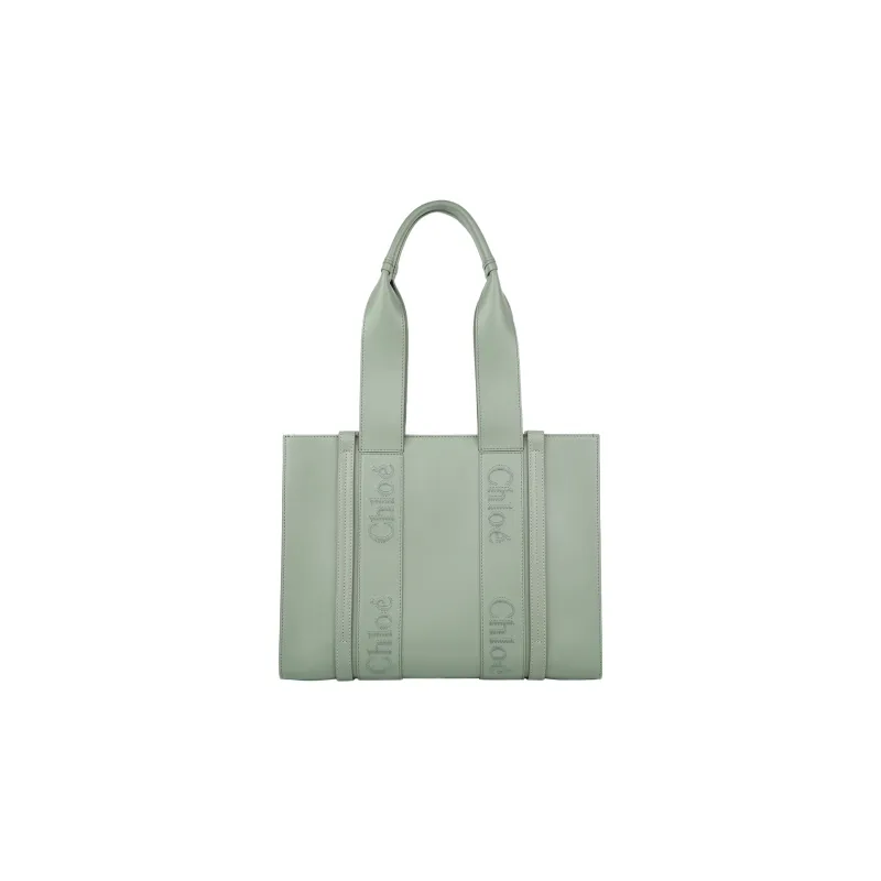 Chloe Woody Calfskin Tote Bag Shopping Bag Shoulder Bag Handbag Medium Size Women's Green-0