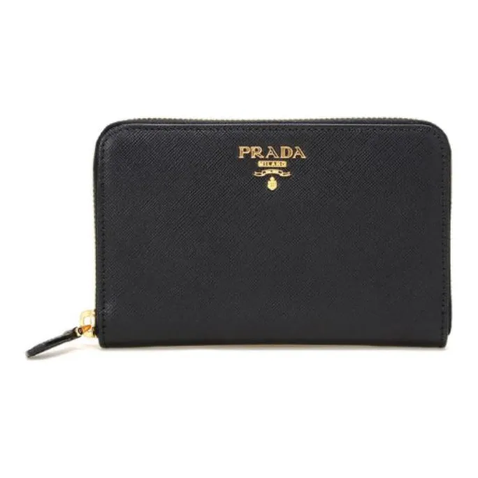 PRADA Cross Grain Cow Leather Cropped Wallet Small Size Unisex Black-0