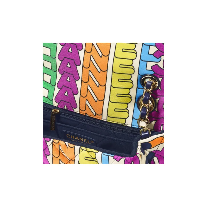 CHANEL 21K Winter Gold Metal Printed Fabric Flap Bag, Handbag, Shoulder Bag, Crossbody Bag Women's Multicolor-2