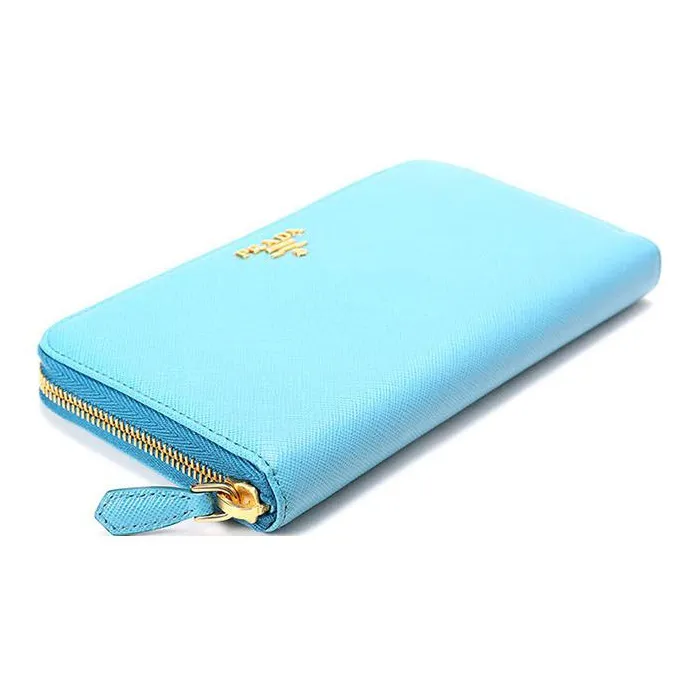 PRADA Cross Grain Cow Leather Wallet Large Size Women's Light Blue-1