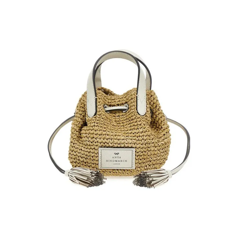 Anya Hindmarch Straw Patchwork Sheepskin Leather Crossbody One Shoulder Handbags Women's Light Brown-1