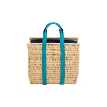 HERMES Calfskin Wicker Tote Bag Shopping Bag Handbag Extra Large Women's Peacock Blue/Brighton Blue