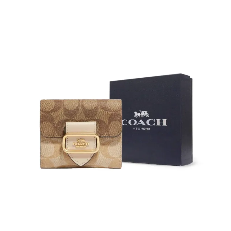 COACH Morgan Canvas With Leather Wallet Small Size Women's Khaki-4