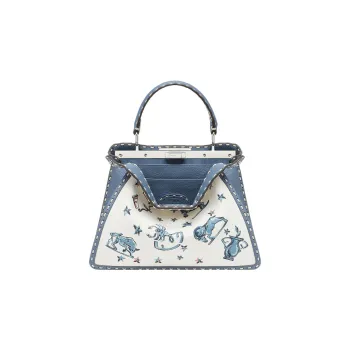 FENDI Peekaboo ISeeU Canvas With Calfskin Shoulder Bag Crossbody Bag Handbag Medium Size Women's Blue/White