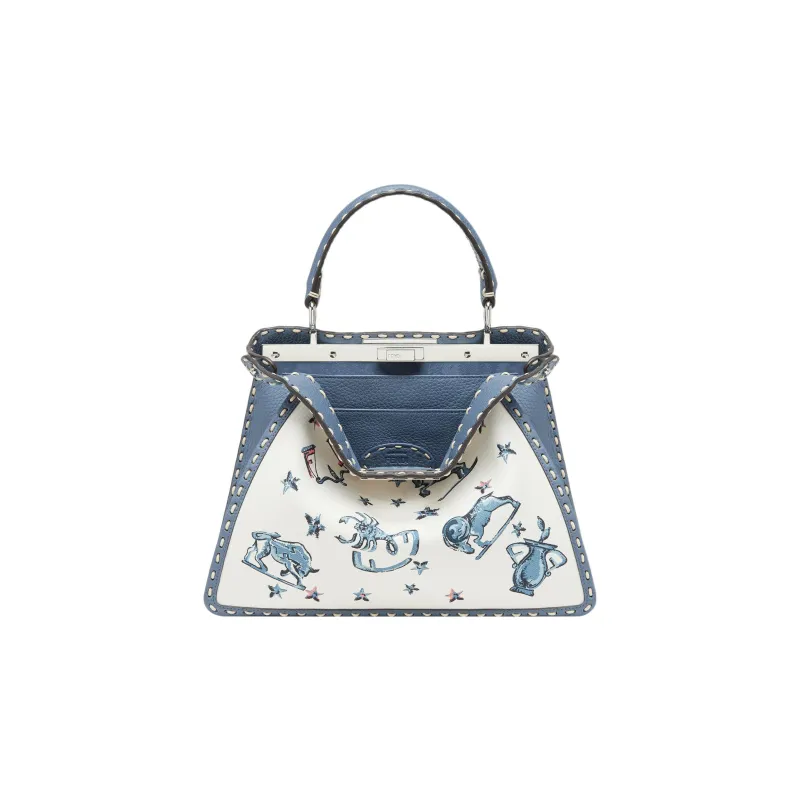 FENDI Peekaboo ISeeU Canvas With Calfskin Shoulder Bag Crossbody Bag Handbag Medium Size Women's Blue/White-0