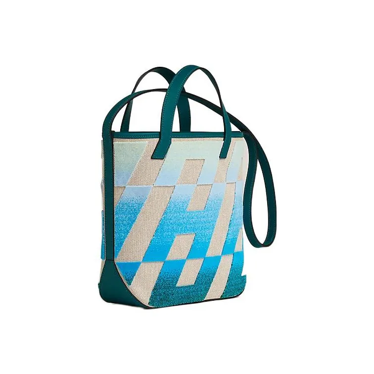 HERMES Cabas H En Biais 40 Bag Ecru/Beige/Jaune Pale/Bleu/Vert Bosphore-1